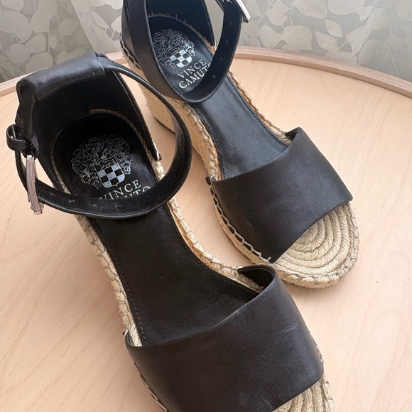 Vince Camuto Shoes - Vince Camuto Black Leather Espadrille Wedge Sandals with Ankle Strap